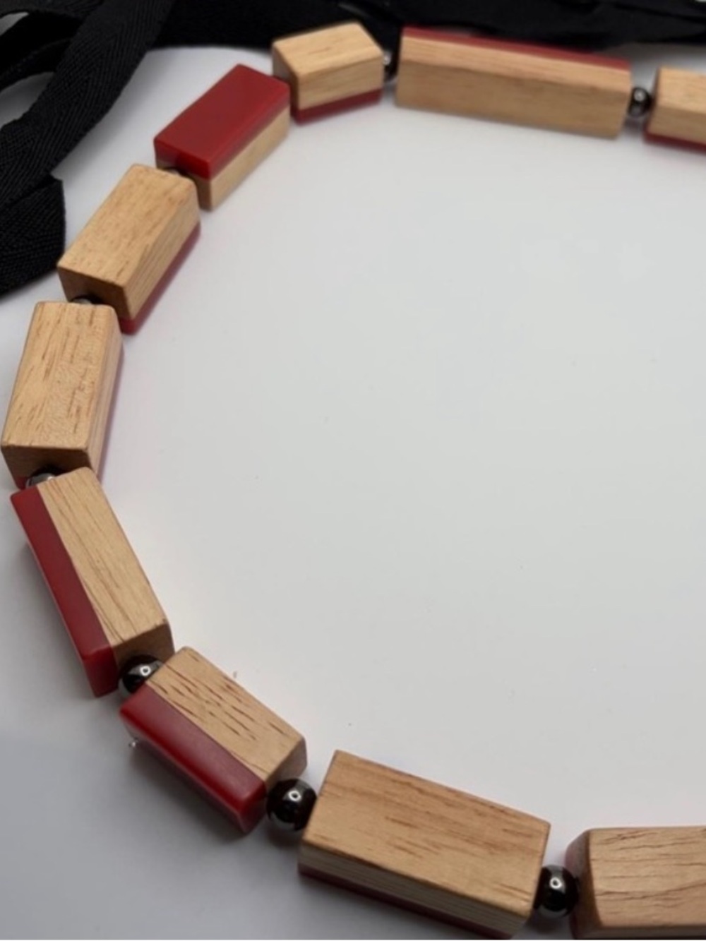 Stefanel Wooden Block Necklace with Red Accents - Women's Fashion Necklace